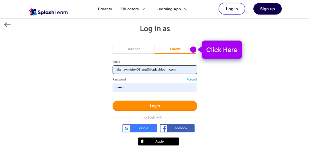 Setting up a classroom-linked parent account on SplashLearn