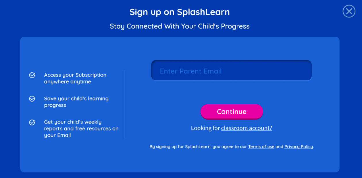 Setting up a classroom-linked parent account on SplashLearn