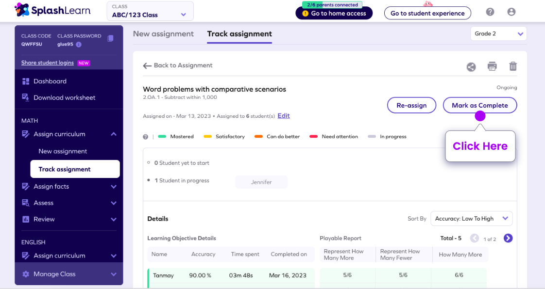 How teachers can edit, mark as complete, or delete assignments