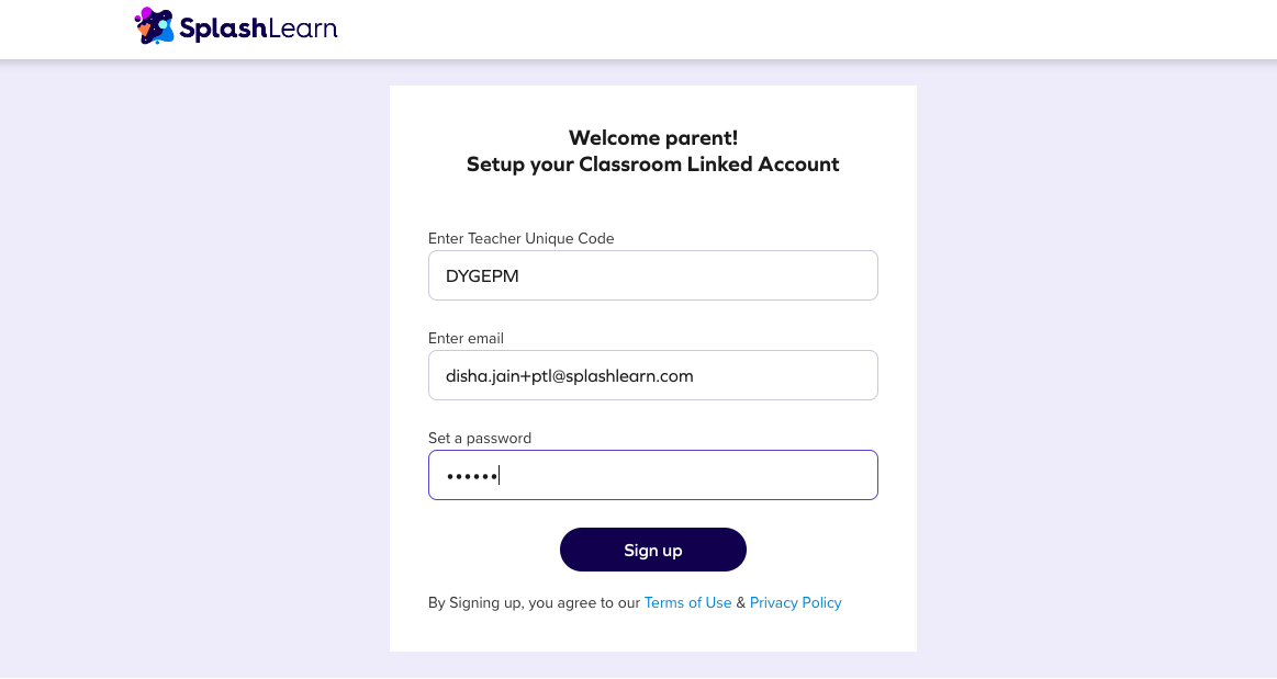 Setting up a classroom-linked parent account on SplashLearn