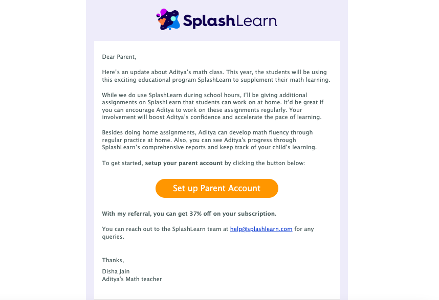 Setting up a classroom-linked parent account on SplashLearn