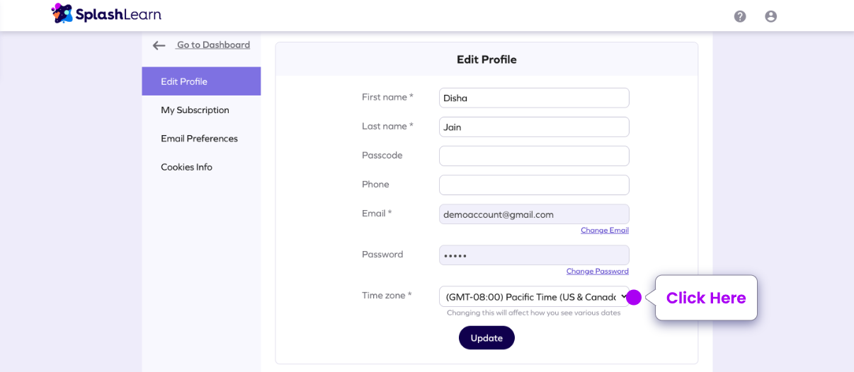 How can a teacher update the time zone for account? SplashLearn