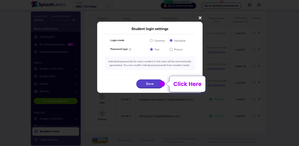 How can teachers view or change individual student password? SplashLearn