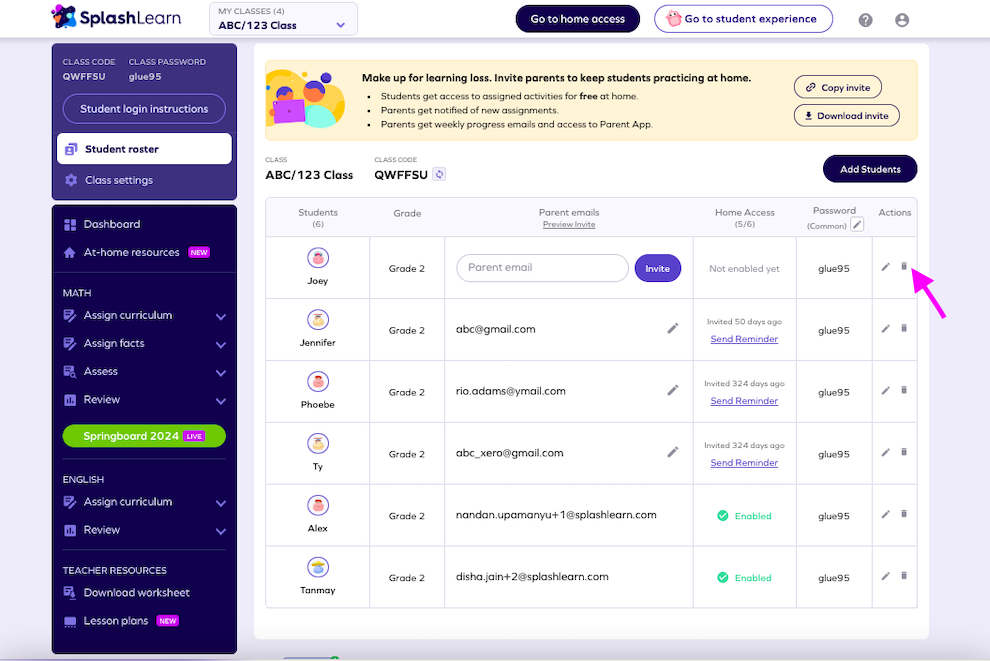 How can teachers delete a student from a SplashLearn class? SplashLearn