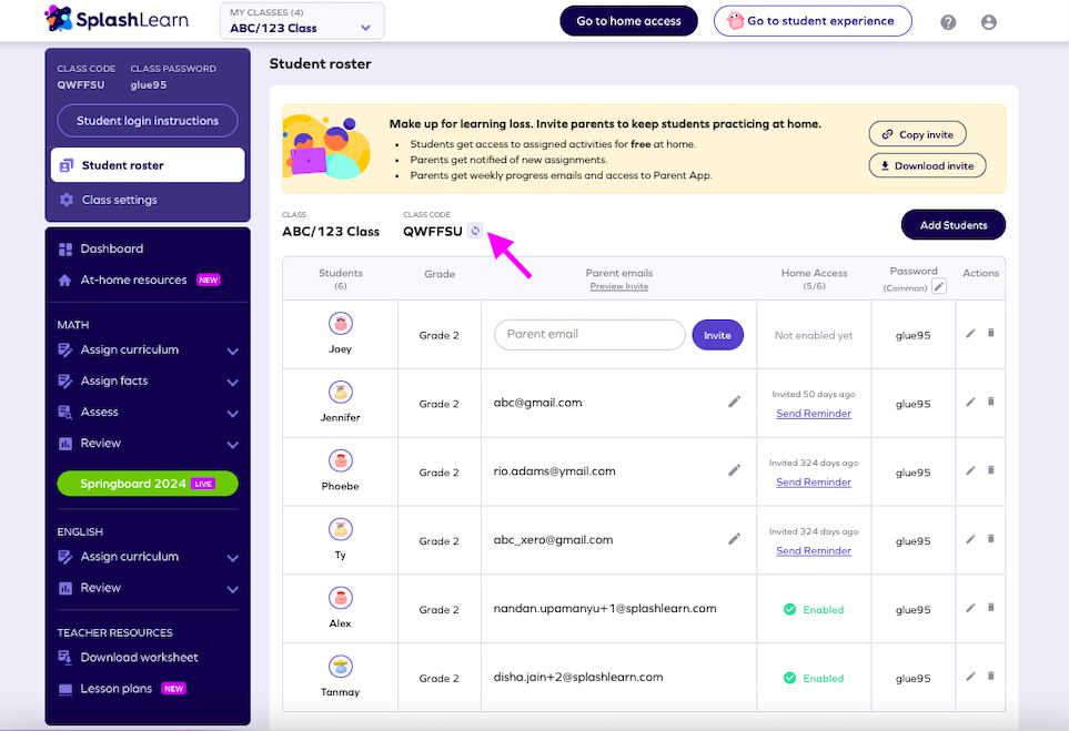 What is class code and how teachers can change it splashlearn