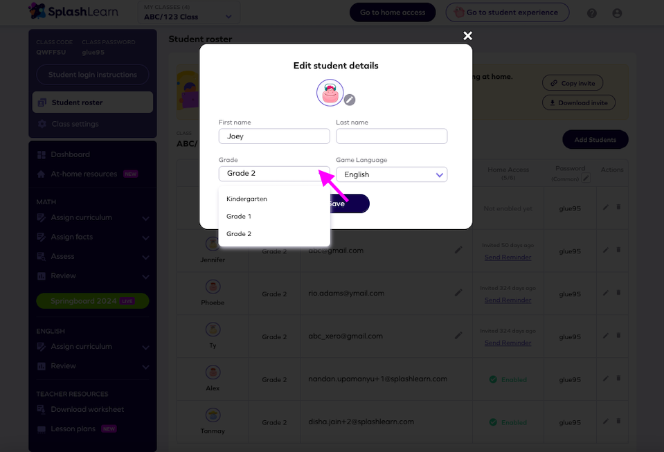 How can teachers change/update student information in SplashLearn