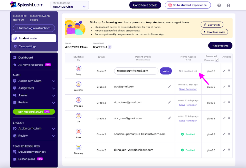 How can a teacher enable home access for the students? SplashLearn