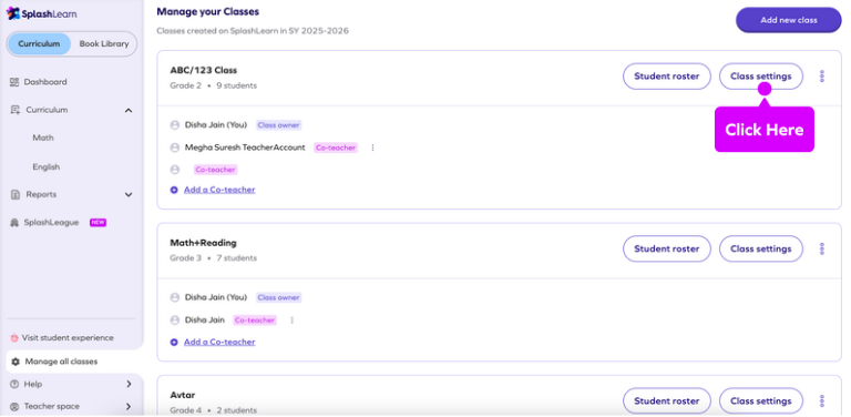 How can teachers manage class settings on SplashLearn? – SplashLearn
