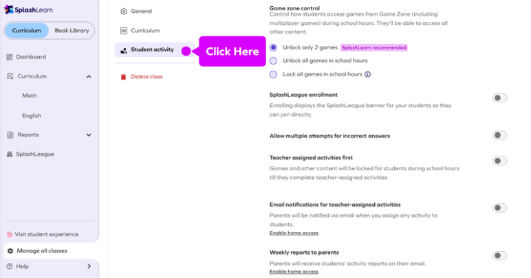 How can teachers manage class settings on SplashLearn? – SplashLearn