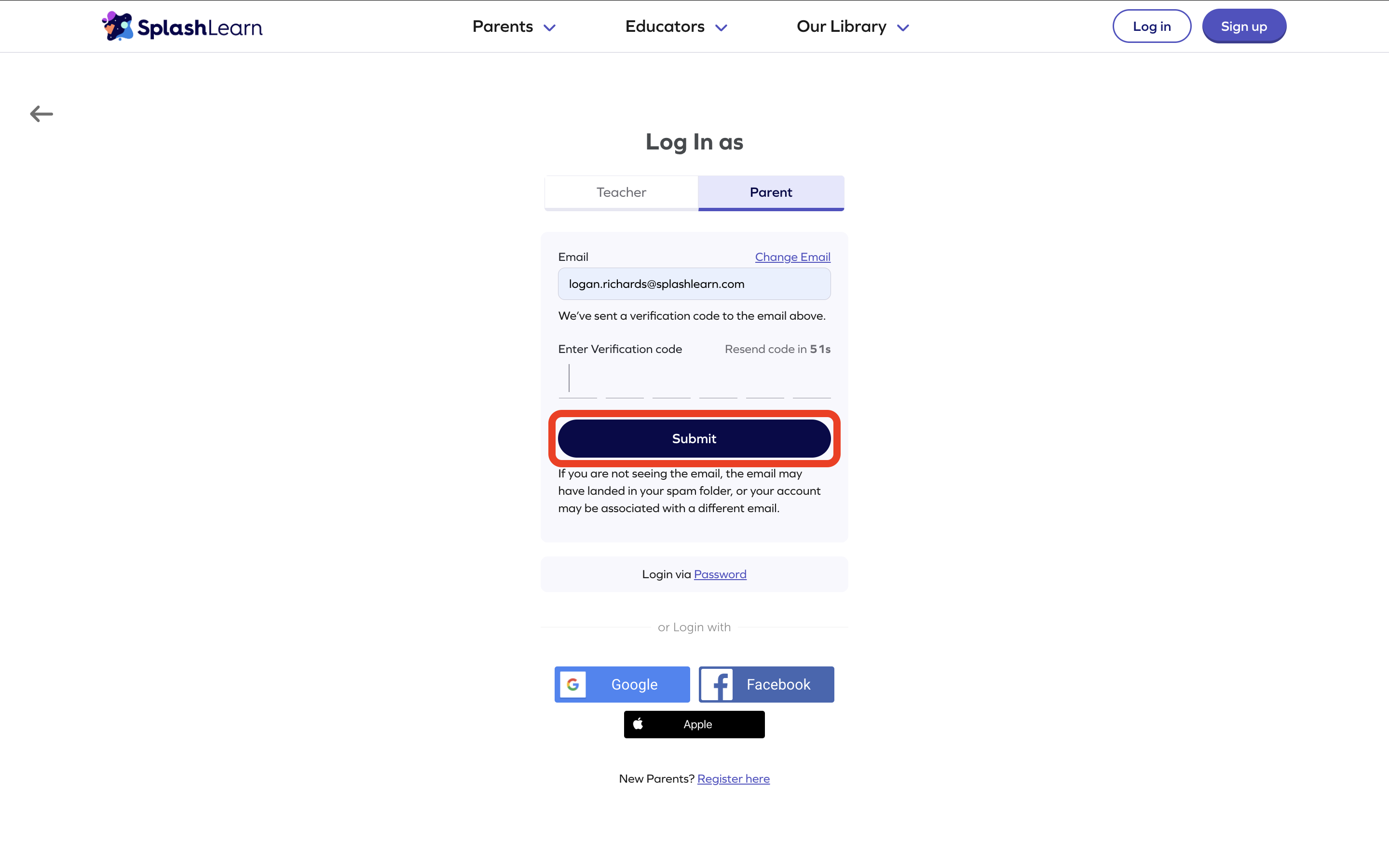 Verification login > Enter the code and click submit.png